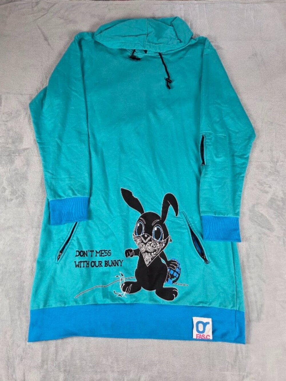 FASC Longline Ski Snowboard Hoodie Teal Blue Gangsta Bunny Zip Pockets 100% Cott